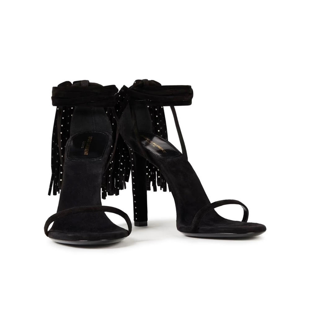 YSL SUEDE STRAPPY TASSEL HEEL